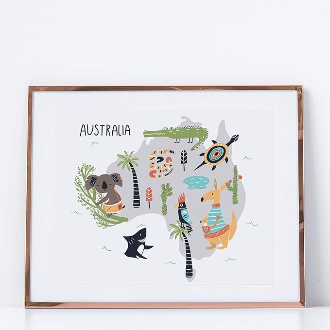 Ritzy Rose 5 Continents World Map Animal Zoo Prints for Kids Whimsical Wall Art - Five Children's Posters Baby's Nursery Child's Bedroom (Unframed) Decor Printed Boys Girls (World Map)