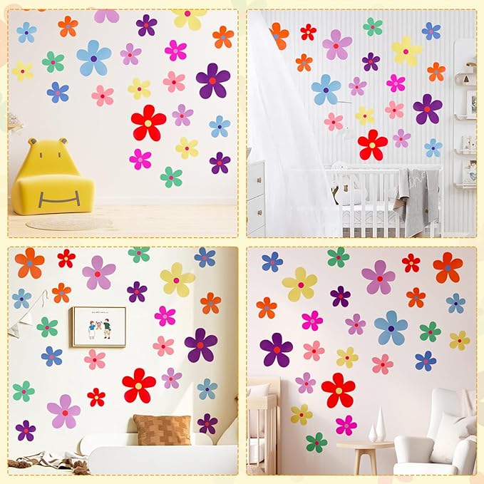 12 Sheets Daisy Wall Decals, Bright Colors Floral Wall Decor, Cute Flowers Wall Stickers, Vinyl Peel and Stick Flowers Stickers for Kids Girls Nursery Bedroom Living Room