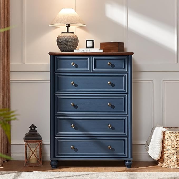 Farmhouse 6 Drawer Dresser, Blue Chest of Drawers, 43.5" Tall Dressers for Bedroom with Roman Column and Metal Handles, Rustic Wood Storage Organizer for Living Room, Hallway, Closet