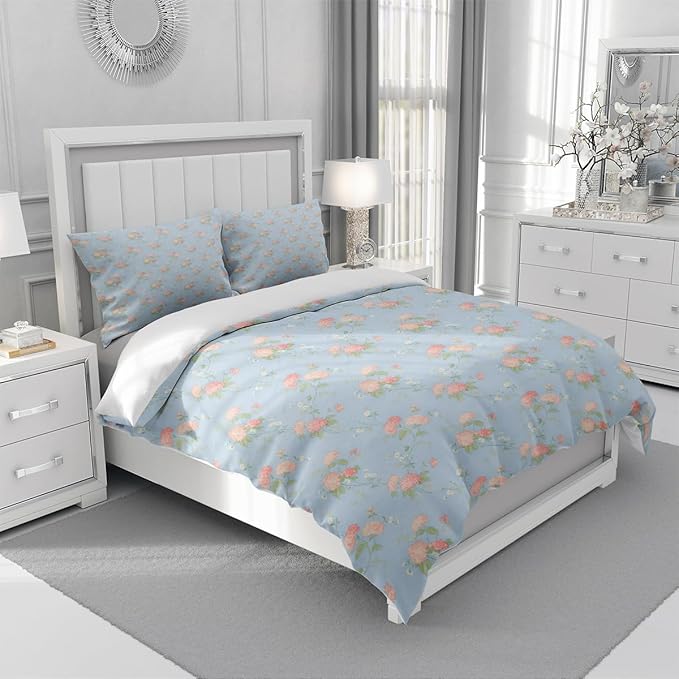 Pink Flower Duvet Cover Set Full 3 Pieces Girls Bedding Set Floral Comforter Cover with Zipper Closure,Vintage Country Bedding-80x90