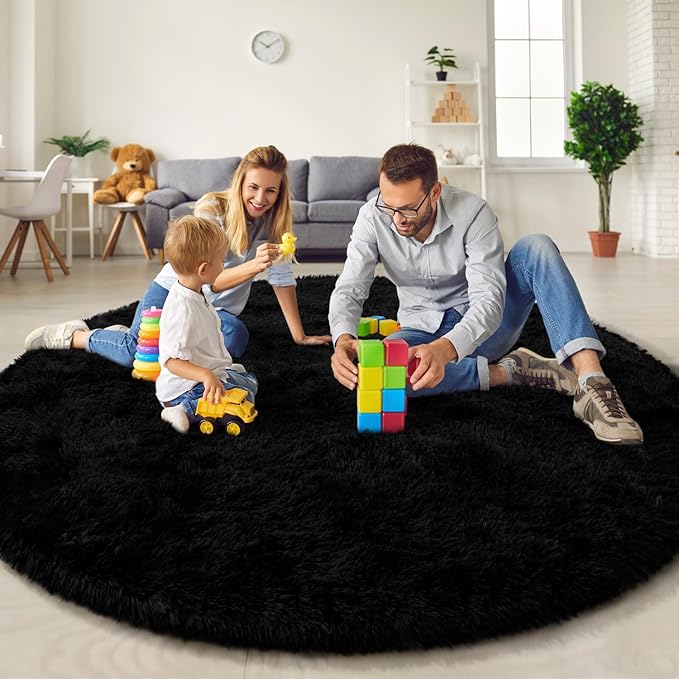 EVOIONOS Black Round Rug for Living Room, 7x7 Ft Fluffy Soft Circle Area Rugs for Bedroom, Plush Shaggy Circular Carpet for Indoor Floor Bedside Kids Nursery, Machine-Washable Home Decor Aesthetic