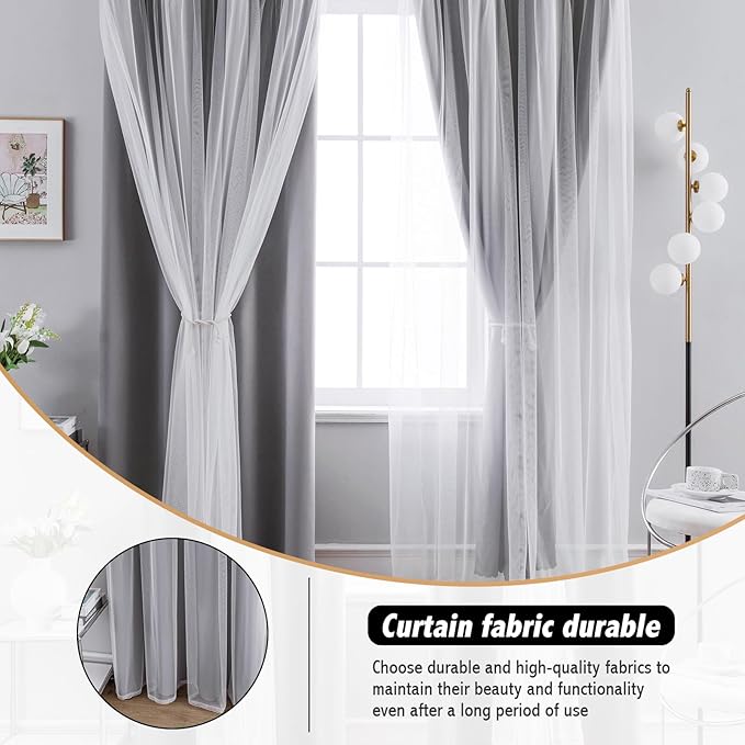 Anytime Home Curtains Blackout and Sheer Layered Solid Window Curtain Panel Pair with Grommet Top, 52Wx95L,Grey