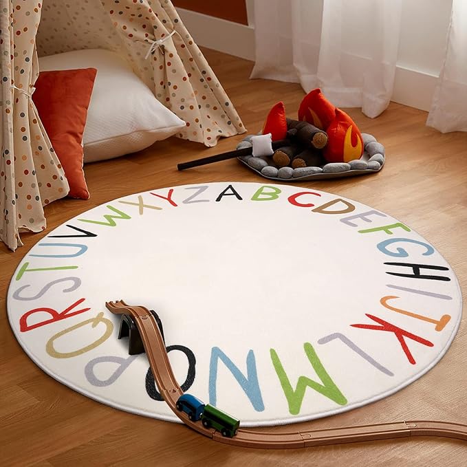 LIVEBOX Colorful ABC Round Rug Alphabet Play Room Rug, Circle Washable Rug Rainbow Nursery Rug for Baby Boy and Girl Room, Non-Slip Learning Carpet for Playroom Classroom (47",Multi Color)