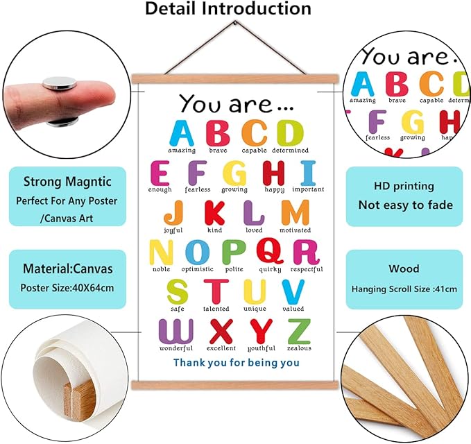 KAIRNE Colorful ABC Alphabet Art Print With Wood Magnetic Hanger Frame(15.7X25INCH)You Are Amazing Positive Educational ABC Chart for Toddler Affirmation Posters Wall Art For Classroom Playroom Decor