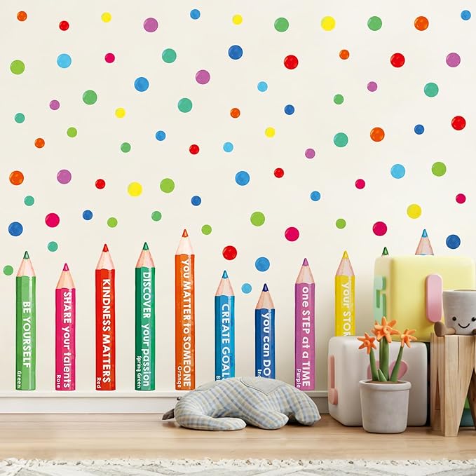 Inspirational Wall Decals, Multicolor Pencils Polka Dots Wall Stickers, Peel and Stick Motivational You Can Do It Wall Decor for Playroom Classroom Nursery Preschool Decoration