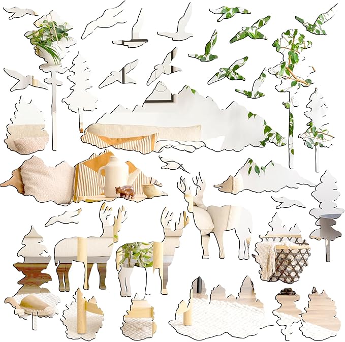 Woodland Tree Animal Wall Stickers Removable 3D Mirror Acrylic Wall Decals Mountain Pine Trees Decals Peel and Stick Forest Animals Tree Decor for Bedroom Living Room