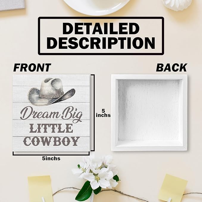 Western Nursery Wood Box Sign - Western Desk Shelf Decor, Cowboy Nursery Decor, Grey Dream Big Little Cowboy Wooden Block Plaque Box Sign for Baby Boy Dorm Room Table Decorations