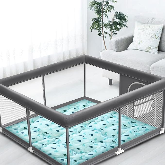 SPRINGSPIRIT Portable Baby Play Mats for Floor, Thicken Foldable Baby Playmat, Non-Slip & Washable Playpen Mat, 43" X 43", Dinosaur