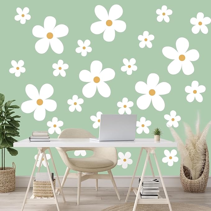TaoBary 12 Sheets Daisy Wall Decal Flower Wall Sticker Cute Daisy Sticker Pink White Flower Decal Peel and Stick Floral Wallpaper for Nursery Bedroom Home Decor(White, Yellow,Stylish Style)
