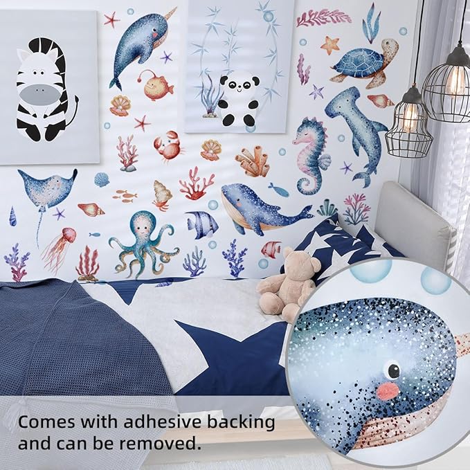 Ocean Sea Animals Wall Decal Stickers, Turtle, Whales, Octopus, Seahorse Under The Sea Peel and Stick Wall Decals for Nursery Kids