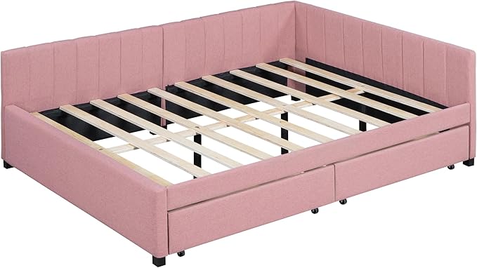 Harper & Bright Designs Full Size Upholstered Daybed with 2 Storage Drawers Sofa Bed Frame for Boys Girls Kids Adults Toddler No Box Spring Needed, Linen Fabric (Pink)