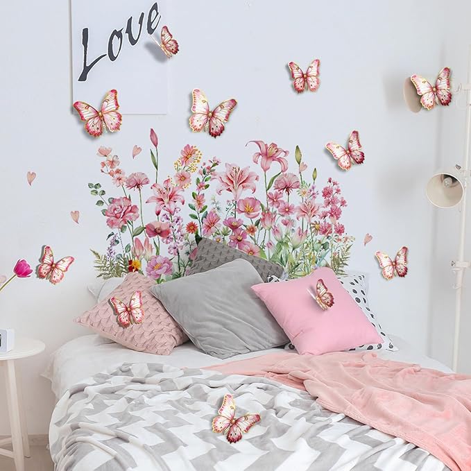 Wildflower Flower Wall Stickers Daisy Lily Wall Decals Butterfly Pink Floral Wall Decor for Girls Bedroom Baby Nursery Kids Room Wall Decor