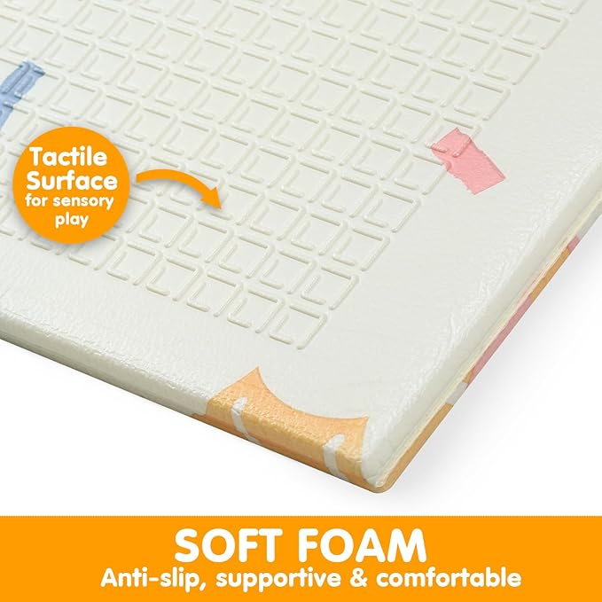 Bammax X-Large 78" x 70" x 0.4" XPE Foam Baby Play Mat + Travel Bag | Waterproof, Foldable & Reversible Floor Mat for Kids | Baby Crawling Mat & Kids Play Mat – Dinosaurs & Safari Animals