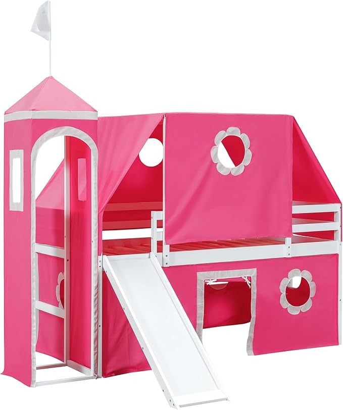 Polibi Castle Loft Bed with Slide & Tent and Tower, Playhouse Design Spacious Under Bed Space with Curtains, Wood Tent Bed Frame for Kids Boys Girls (Pink, Twin)