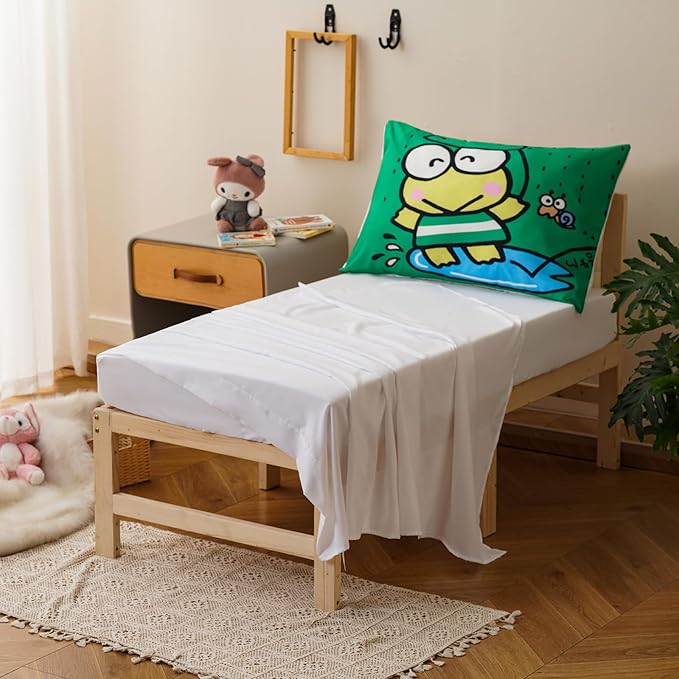 KAREVER Cartoon Toddler Bedding Set Frog Smail Print 4 Pieces Crib Bed Set Kids Reversible Green White Comforter Set
