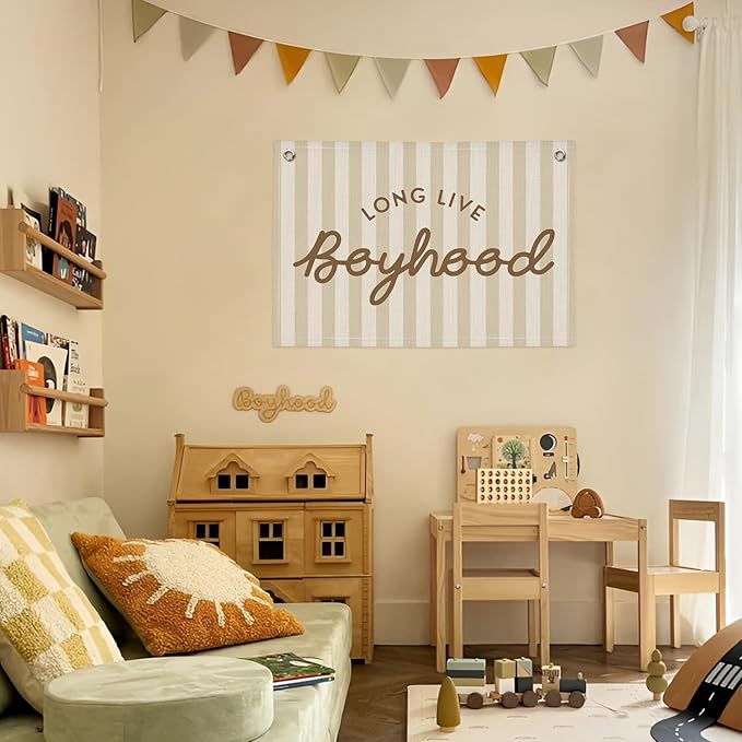 Long Live Boyhood Banner, Boy Nursery Decor, Canvas Banner Wall Hanging Flag Decor for Nursery Playroom Toddler Room, Boys Kids Room -Beige