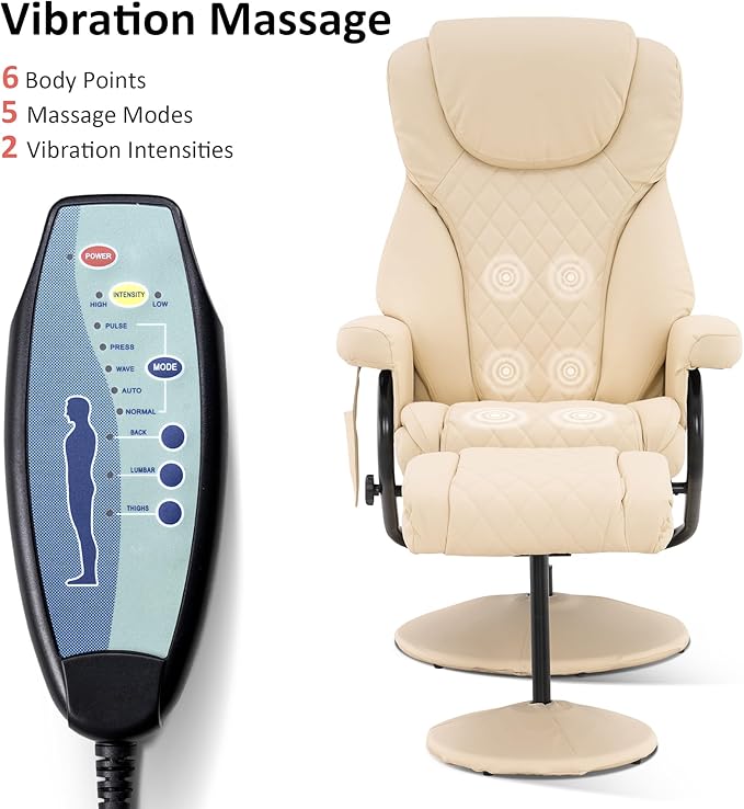 MCombo Recliner with Ottoman, Reclining Chair with Massage, 360 Swivel Living Room Chair Faux Leather, 4901 (Cream White)