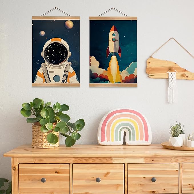 Astronauts and Rockets Poster Wall Art set of 2, Universe Wall Decor Wood Hanger, Spaceship Classroom Decor, Outer Space Planets Poster for Boys and Girls Nursery, Bedroom, Playroom, Toddler and Kids Room(Space travel-02)