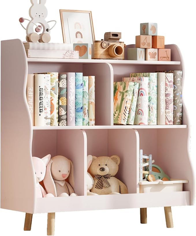 Treocho Kids Bookshelf and Toy Storage Orangizer, 3-Tier Wooden Children's Bookcase with Curve Design, 5 Cubbies Toy Storage Cabinet Display with Legs for Children's Room, Playroom, School, Pink