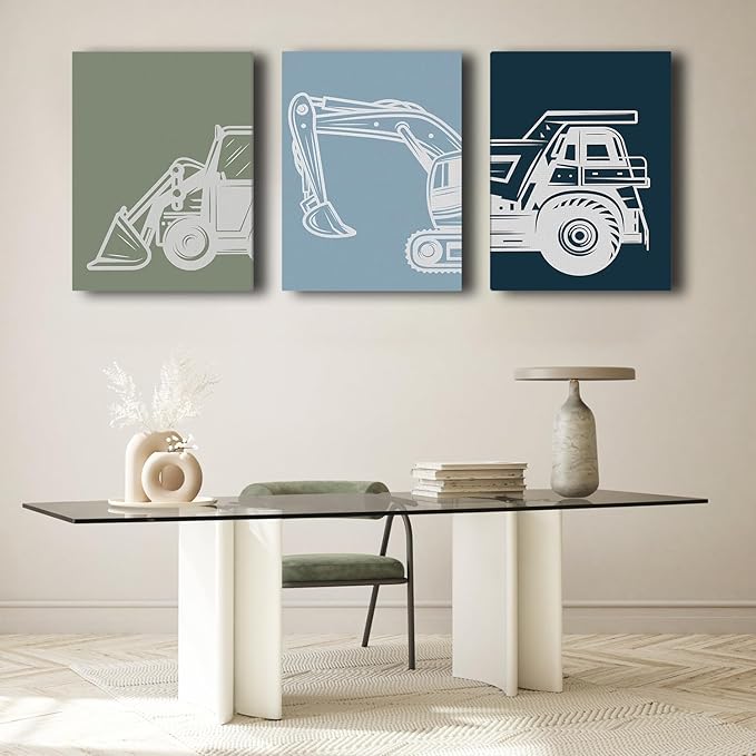Shwing Framed Toddler Boys Room Decor - Construction Truck Wall Art Set, 12"x16" 3Pcs Set