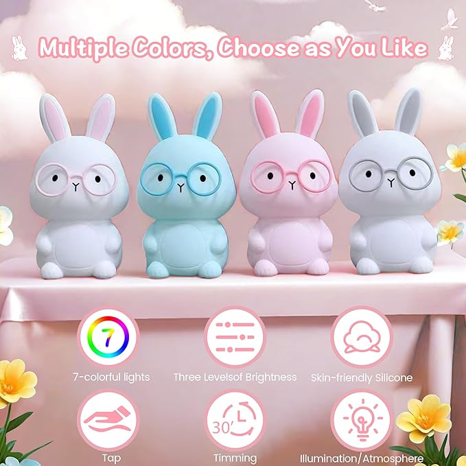 Bunny Night Light, Rabbit Lamp for Kids,Rechargeable Nursery Nightlight ,Silicone Bedside Lamp with Touch Color Changing,Dimmable/TimmerLight, Room Decor,Easter Gift / Christmas Gifts for Boys Girls