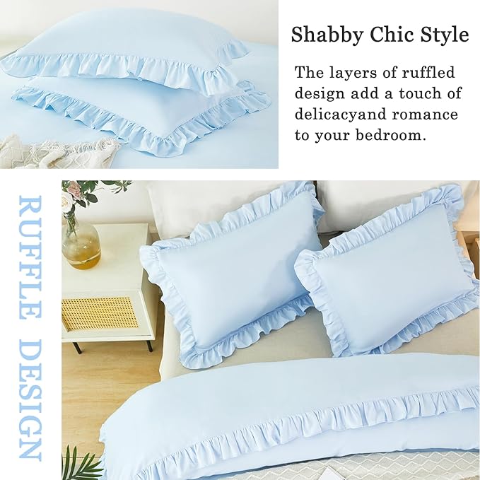Twin Size Duvet Cover Set Light Blue Ruffle Comforter Covet Set for Girls Kids Teens 3 Pieces Soft Microfiber Bedding Set All Seasons(Light Blue, Twin)