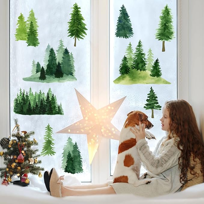 Watercolor Pine Tree Wall Decals Green Pine Tree Wall Sticker Large Tree Wall Decals Nature Woodland Forest Tree Wall Stickers for Nursery Bedroom Living Room Decor