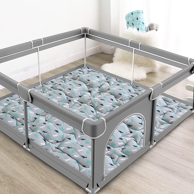 SPRINGSPIRIT Baby Play Mat for Boys Girls, 50'' x 50'' Baby Play Mat for Playpen, One-Piece Crawling Playmat Non Slip, Toddlers, Dinosaur, Grey
