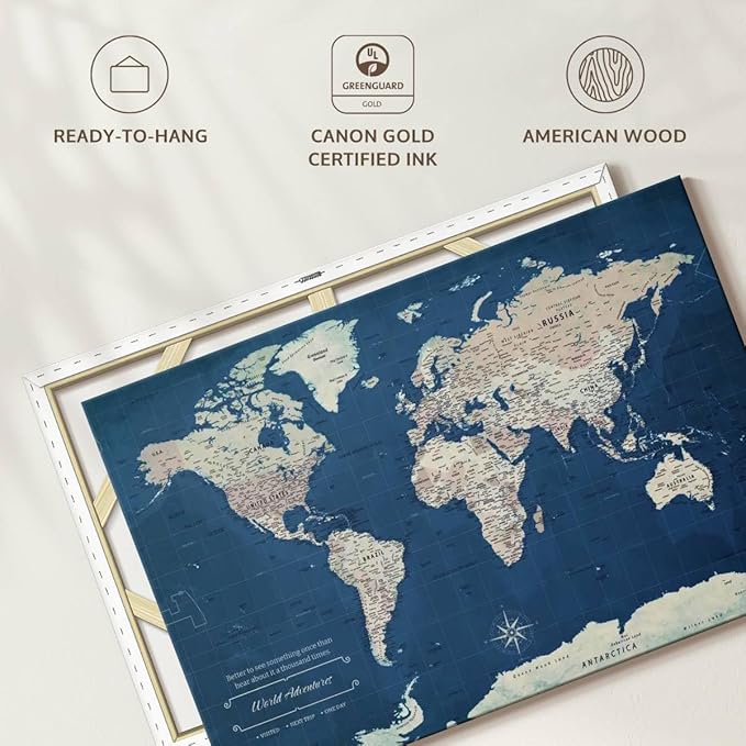 ElephantStock - World Adventures Push Pin Travel Map I Wall Art - Horizontal Canvas Wall Art - Living Room Wall Decor - Printmaking Map Canvas Art - Blue And Beige Decor - 48" x 32"
