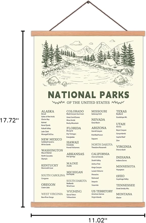 KAIRNE US National Park Checklist Poster,Park Posters for Travel Sign With Wooden Hanging Framed(28CMx46CM),Inspirational Rustic Decor,National Park Map Posters Gift for Hiker or National Park Lover
