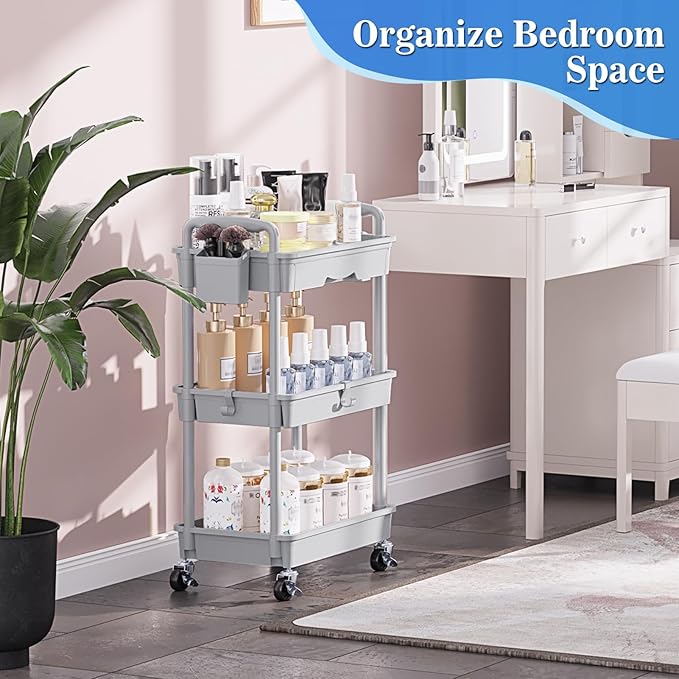 3 Tier Rolling Cart with Drawer, Bathroom Storage Organizer with 2 Lockable Wheels, Multifunctional Rolling Storage Cart for Bathroom, Kitchen, Office, Craft, Makeup, Baby Essentials, Gray