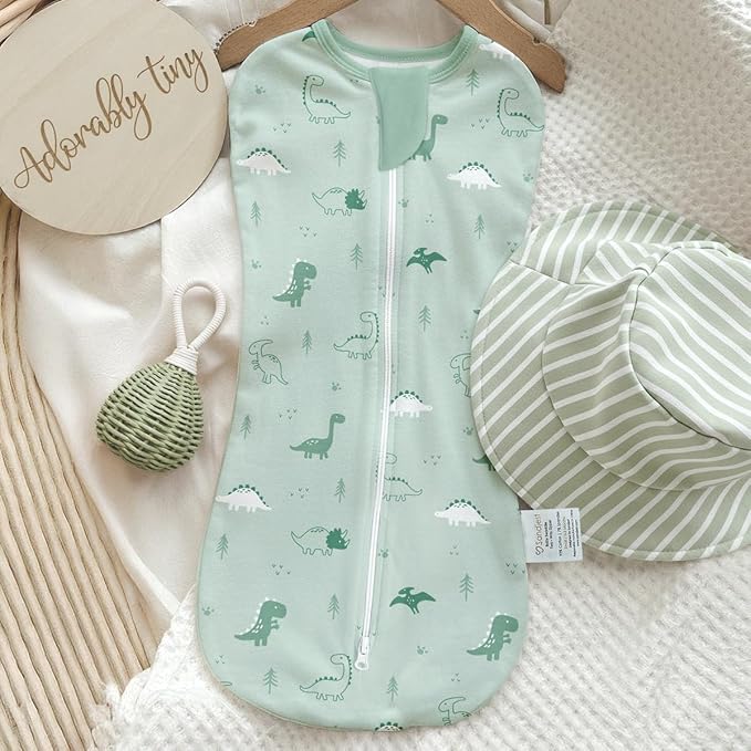Baby Swaddle 0-2 Months, Cotton Arm-In Zipper Sleep Sack, Wearable Blankets Wrap for Newborn Infant Boys (Dinosaur, Stripe, Pack of 2)