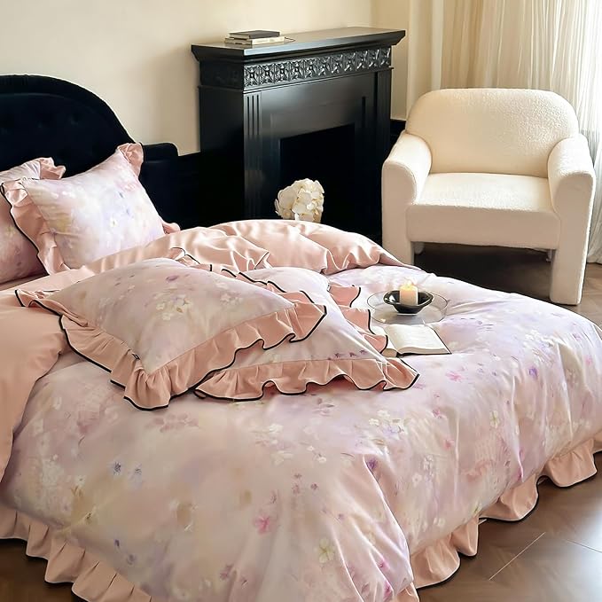 HighBuy Farmhouse Floral Ruffle Duvet Cover Set Twin Pink Ruffle Brushed Cotton Bedding with Zipper Closure,Shabby Vintage Bedding Set for Hot Sleepers - 1 Duvet Cover and 2 Pillowcases
