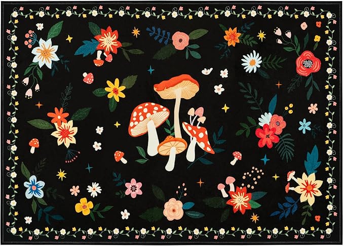5x7 Machine Washable Area Rug, Non-Slip Vintage Floral Floor Rugs for Kids, Low Pile Room Carpet for Living Room, Bedroom, Dining Room & Nursery(5x7 Black Mushroom)
