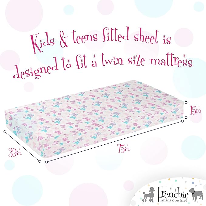 Frenchie Mini Couture, 2-Piece Kids Twin Sheets Set, 100% Woven Cotton, Deep Pocket Bed Sheet 39 x 75 x 15in + Pillowcase 20 x 30, Butterfly (White)