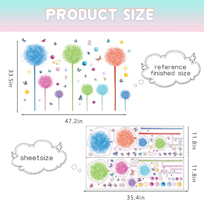 2 Set Dandelion Wildflower Wall Decals Art, Wall Art Stickers Peel and Stick Floral Butterflies Flying Decor for Girls Kids Women Baby Nursery Room Bedroom Bathroom Sofa Backdrop TV(Colorful)