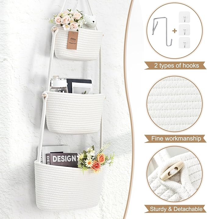 Hanging Storage Baskets, 3-Tier Over the Door Basket, Cotton Wall Baskets Storage, Detachable Hanging Door Basket with 4 Hooks, Over the Door Organizer Nursery for Bedroom, Living Room, Bathroom Wall