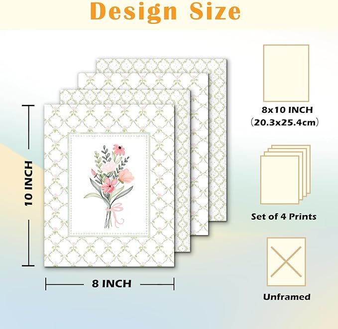 JINYO Rustic Green Plaid Floral Wall Art Prints Set of 4, Floral Room Decor, Boho Cottagecore Botanical Wildflower Posters Pictures Wall Decor Home Bedroom Living Room, 8x10 Unframed