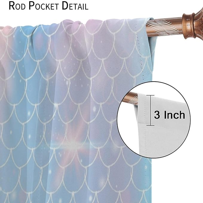 Mermaid Curtains, Kids Cartoon Watercolor Sea Animals Mermaid Princess Scales Pattern Print Living Room Decoration for Kids Girls Bedroom Nursery 42x44 Inch