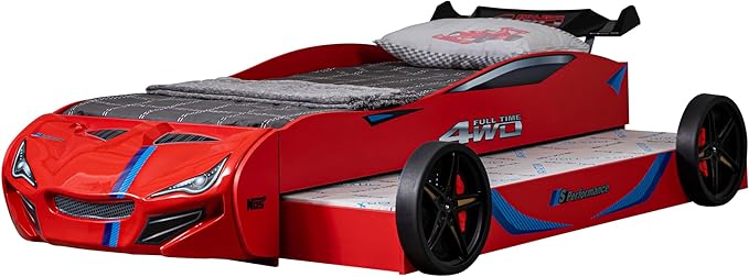 Furniture of America Redvers Modern Wood Twin-Size Kid Bed with Race Car Design and Pull-Out Trundle, No Box Spring Required for Toddler, Teens, Boys or Girls, Red