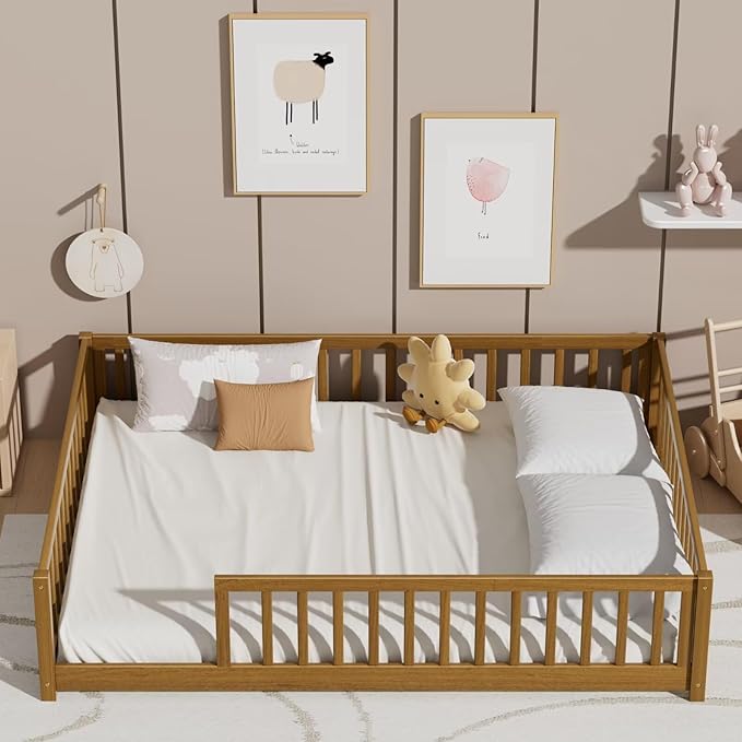 LLS Full Floor Bed for Kids Toddlers, Solid Wood Multifunctional Montessori Bed Frame with Safety Guardrails, Without Door, Easy Assemble,Light Espresso