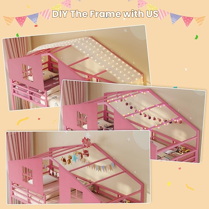 BTHFST Triple Bunk Bed Twin Size with House, 4 Storage Drawers, Charging Station and LED Lights, Metal Kids Bunk Bed with 13.4" H Safety Guardrail and Play Curtain, DIY House Shaped Bed, Pink