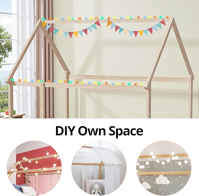 LLS Full Size House Bed with Fence, Wooden Montessori Bed with Roof Design, Floor Bed Frame for Boys Girls Bedroom, Natural