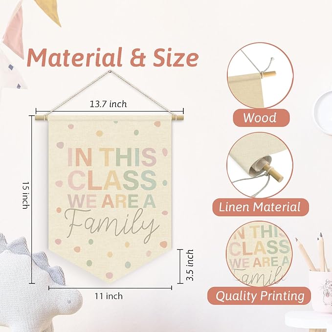 Pastel Classroom Cozy Decor,in This Class We Are A Family Linen Canvas Banner for Classroom Preschool Homeschool, Teacher Must Haves,Back to School Wall Hanging Pennant Flag Banner,15x11in