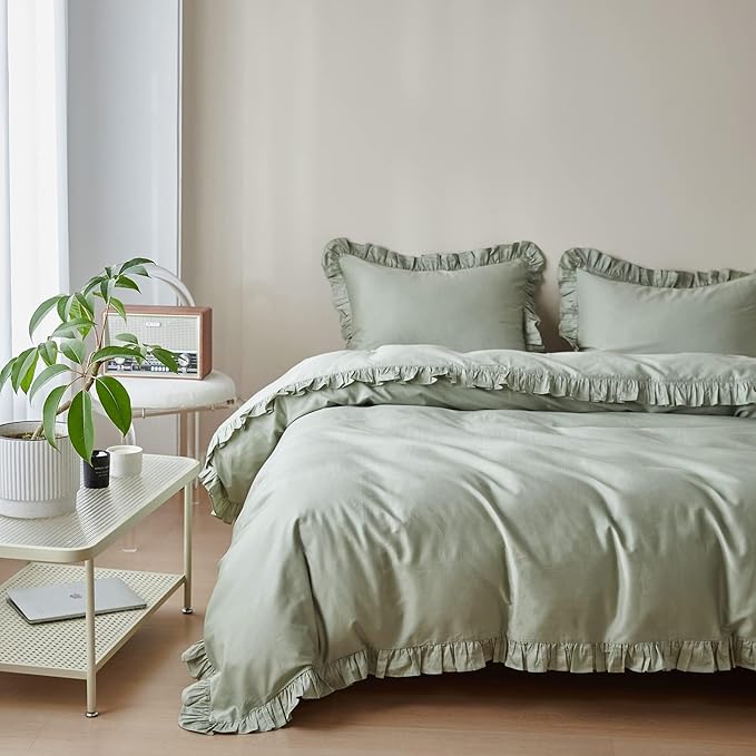 Simple&Opulence Kids 100% Organic Cotton King Duvet Cover Ruffle 3Pcs(1 Comforter Cover 2 Pillowcases) Cute Lace Vintage Boho Shabby Chic Farmhouse Bedding Set Teen Girls(Sage Green, King)