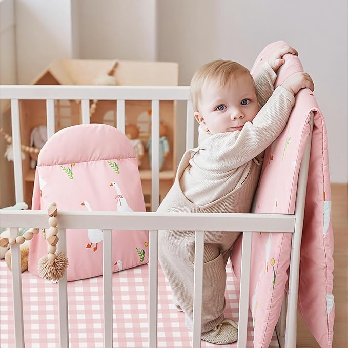 Oudain 4 Piece Goose Crib Bedding Set Including Goose Crib Skirt, Blanket, Sheet and Diaper Stacker, Soft Neutral Nursery Standard Size Baby Bedding for Baby Girls and Boys
