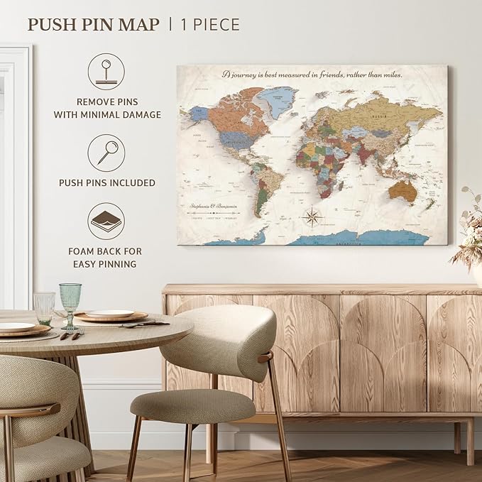 ElephantStock - Personalized Journey V Push Pin World Map Wall Art - Horizontal Canvas Wall Art - Living Room Wall Decor - Digital Art Map Canvas Art - Beige And Orange Decor - 39" x 26"