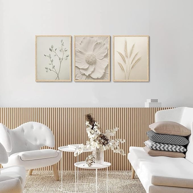 CHMMART 3 Piece Neutral Botanical Framed Wall Art Beige Floral Canvas Art Prints Minimalist Flower Pictures Wall Decor Boho Painting Artwork for Living Room Bedroom Bathroom 12x16in