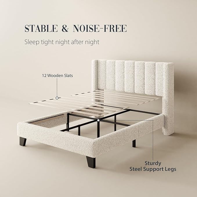 Full Bed Frame with Headboard Upholstered Platform Bed Frame with Teddy Velvet Headboard, Wooden Slats Support/Wing Edge Design/No Box Spring Needed/Easy Assembly, Beige Full