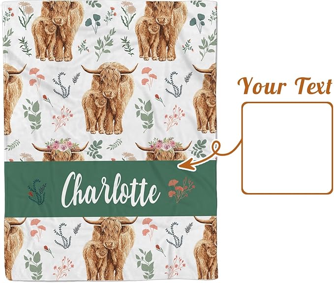 Personalized Baby Name Blanket for Boy Girl, Soft Flannel Blanket with Double Layer Dotted Backing for Infant Newborn, Nursery Crib with Floral Highland Cow Design, Gifts for New Mom(60" x80)